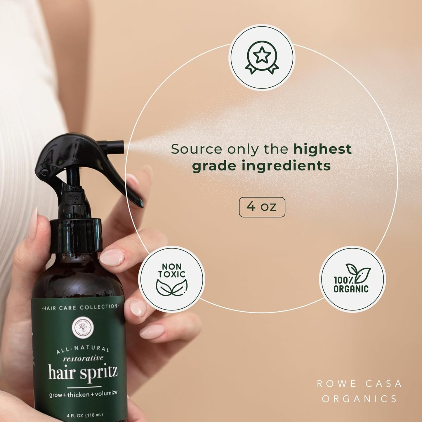 Rowe Casa Organics Natural Restorative Hair Spritz with Witch Hazel & Therapeutic Essential Oils, Hand-Crafted Hair Volumizer, Thickener, & Growth Booster, 4 Fl. Oz.