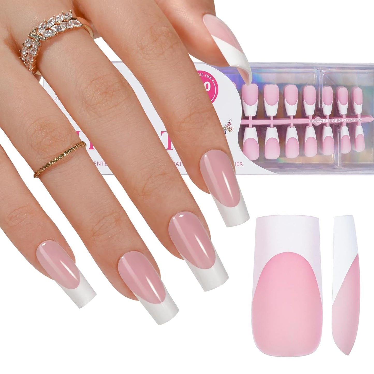 French Gel Nail Tips - Jofay Fashion French Tip Press on Nails, 10-Piece Set 320Pcs Pink long Square Nail Tips, No Need to File 3 in 1 Acrylic Fake Nails for Nail Art DIY & Nail Extension, 16 Sizes