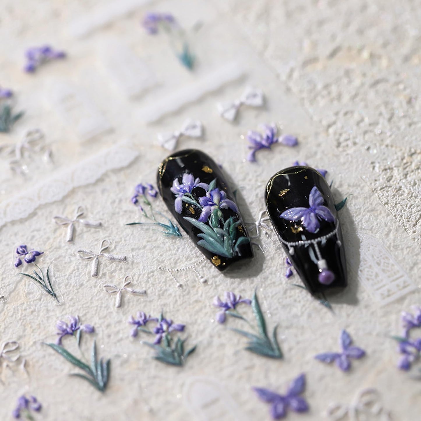 Flower Nail Sticker, 5D Embossed Iris Floral Nail Art Stickers Self-Adhesive Bows Butterfly Nail Decals for Women Nail Supplies Art Design Sticker(1, Iris Flower)