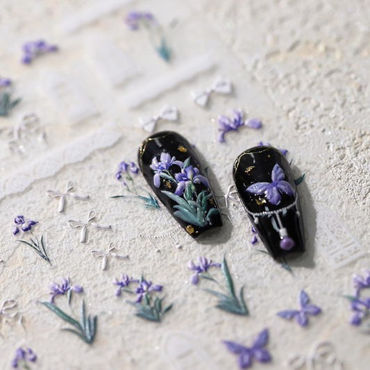 Flower Nail Sticker, 5D Embossed Iris Floral Nail Art Stickers Self-Adhesive Bows Butterfly Nail Decals for Women Nail Supplies Art Design Sticker(1, Iris Flower)