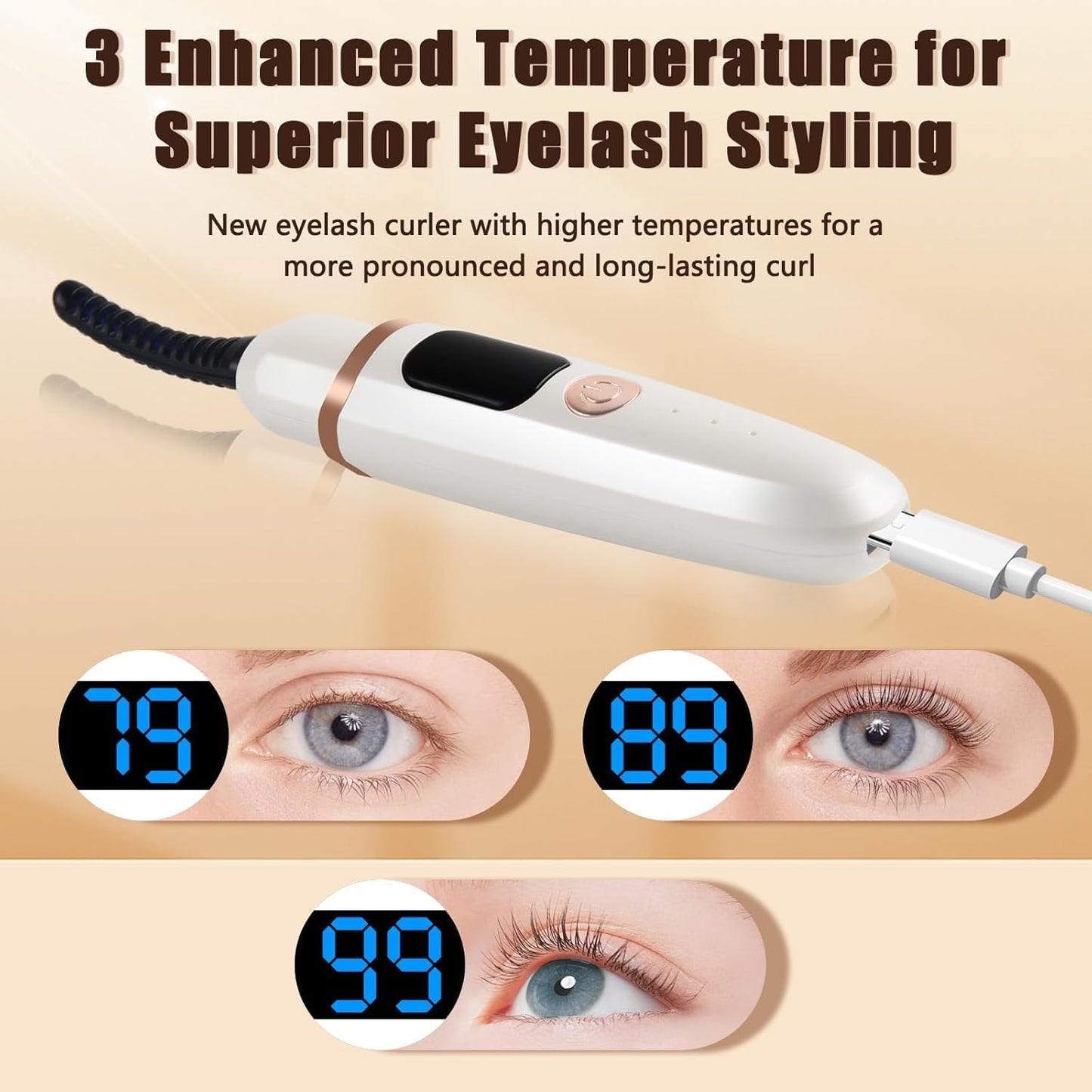 Heated Eyelash Curlers with Battery Indicator, Electric Eyelash Curler 3 Temperature Modes LED Display USB Rechargeable Makeup Tools, Heated Lash Curler Ideal Christmas Gift for Women (Pink)
