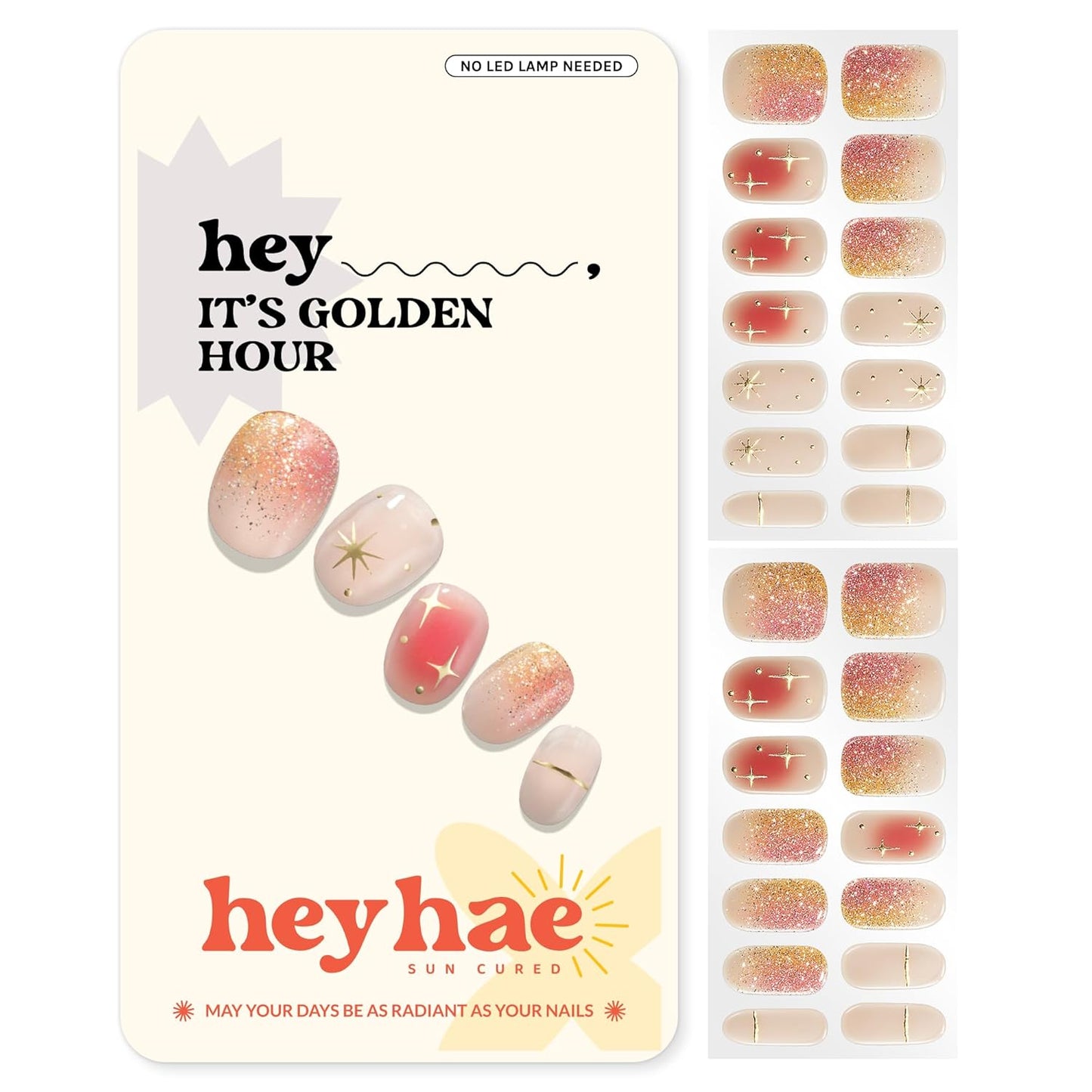 Semi Cured Gel Nail Strips | No LED Lamp Needed | Ombre, Gold, Spring | Easy Apply & Remove, Salon Quality | Includes 28 Strips, 1 Prep Pads, Nail File & Wooden Stick - Hey, It's Golden Hour