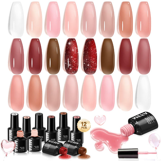 MEFA Jelly Gel Nail Polish Set, 12 Colors Jelly Red Glitter Nail Polish Set Nude Pink Milky White Nail Polish Gel Neutral Transparent Sheer Red Gel Nail Gifts for Women Girl DIY Salon Home Manicure