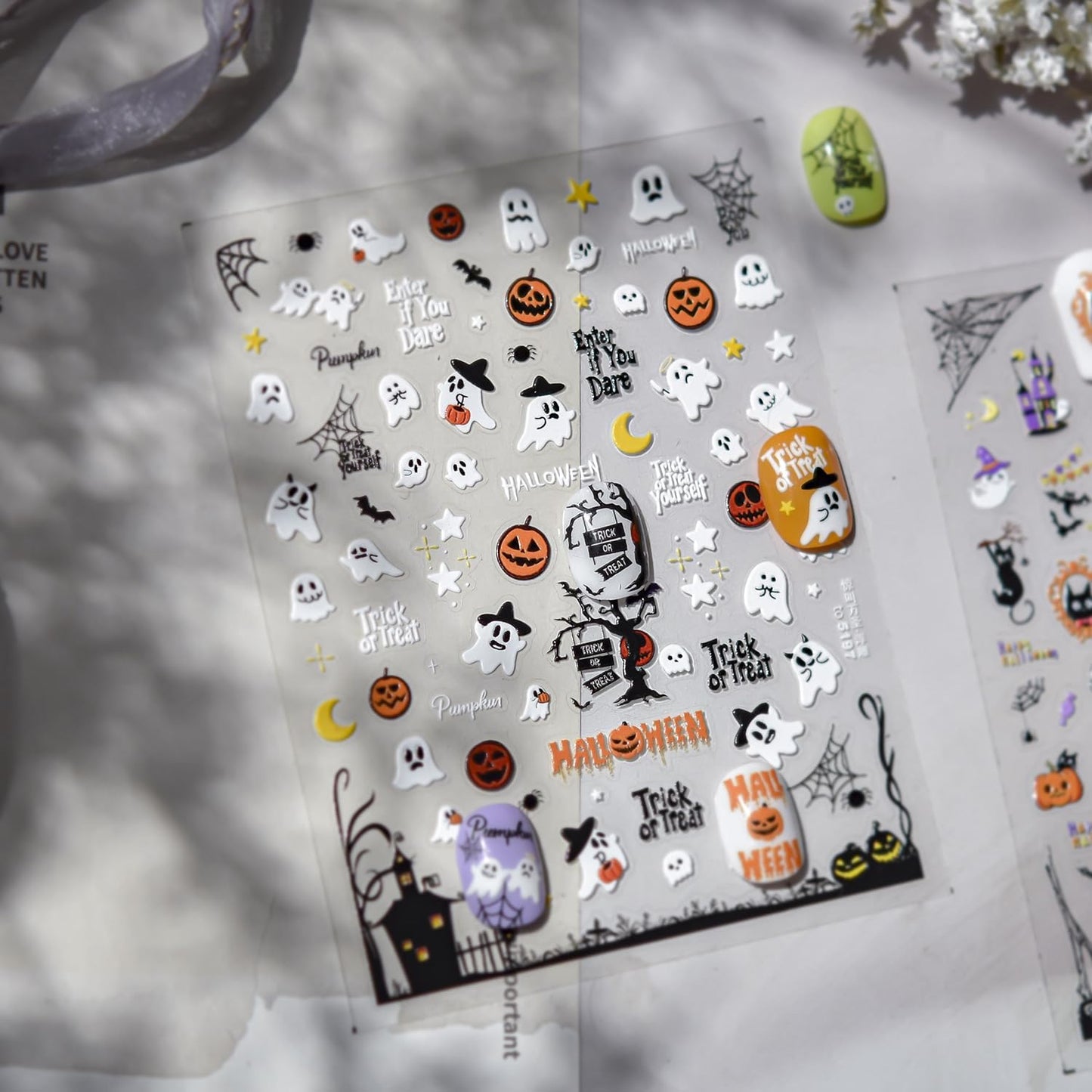 1 Sheet Halloween Nail Sticker 5D Embossed Ghost Nail Decals 3D Self-Adhesive Pumpkin Spider Wed Nail Supplies Cute Nail Art Sticker for Women Halloween Manicure Decoration
