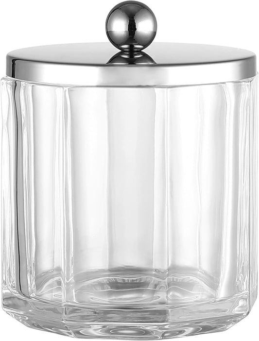 Home Glass Cotton Jar Holder with Lid, Elegant Bathroom Storage Canister for Qtips, Cotton Balls, Floss, Makeup Organizer, Vanity Bathroom Organization