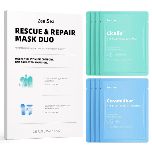 ZealSea Cicalix & Ceramidbar Face Masks Skincare Set, Derm Solution Sheet Mask for Multi-Trigger Sensitivity, Soothing & Calming, Strengthen & Restore Skin, Facial Mask with Cica & Ceramide, 8 Pack