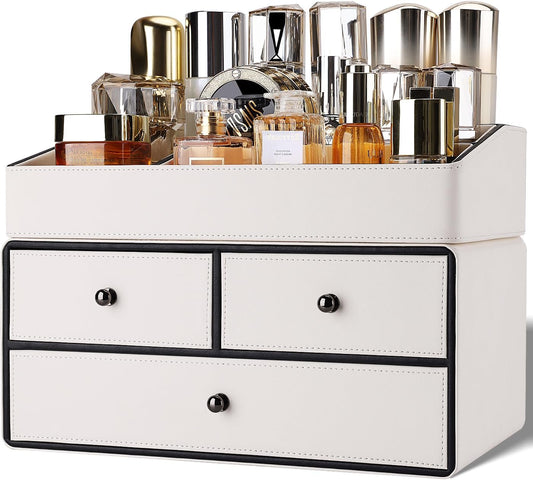 GORESE Leather Makeup Organizer with Drawers for Vanity, Stackable Skincare Holder Dresser Organizer Countertop, Make Up Storage Organizers Counter Cosmetic Display Case Gifts for Women(Cream White)