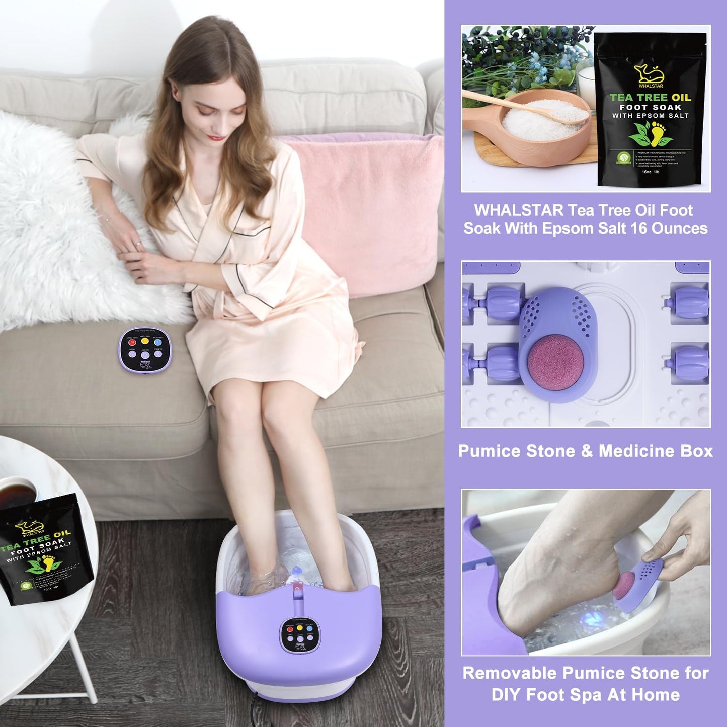 Foot Spa Bath Massager with Heat Bubbles and Vibration Massage and Jets, 16OZ Tea Tree Oil Foot Soak Epsom Salt, WHALSTAR Collapsible Foot Bath Bucket With Infrared Fighting Infections & Remote