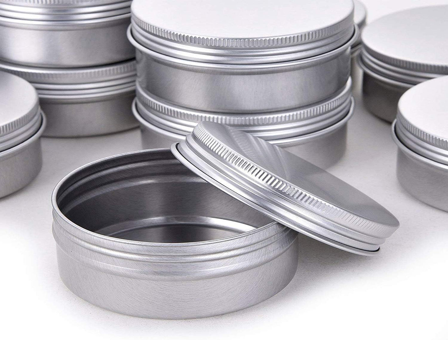 2 Ounce Aluminum Tin Jar Refillable Containers 60 ml Aluminum Screw Lid Round Tin Container Bottle 60 Pack for Cosmetic,Lip Balm, Cream