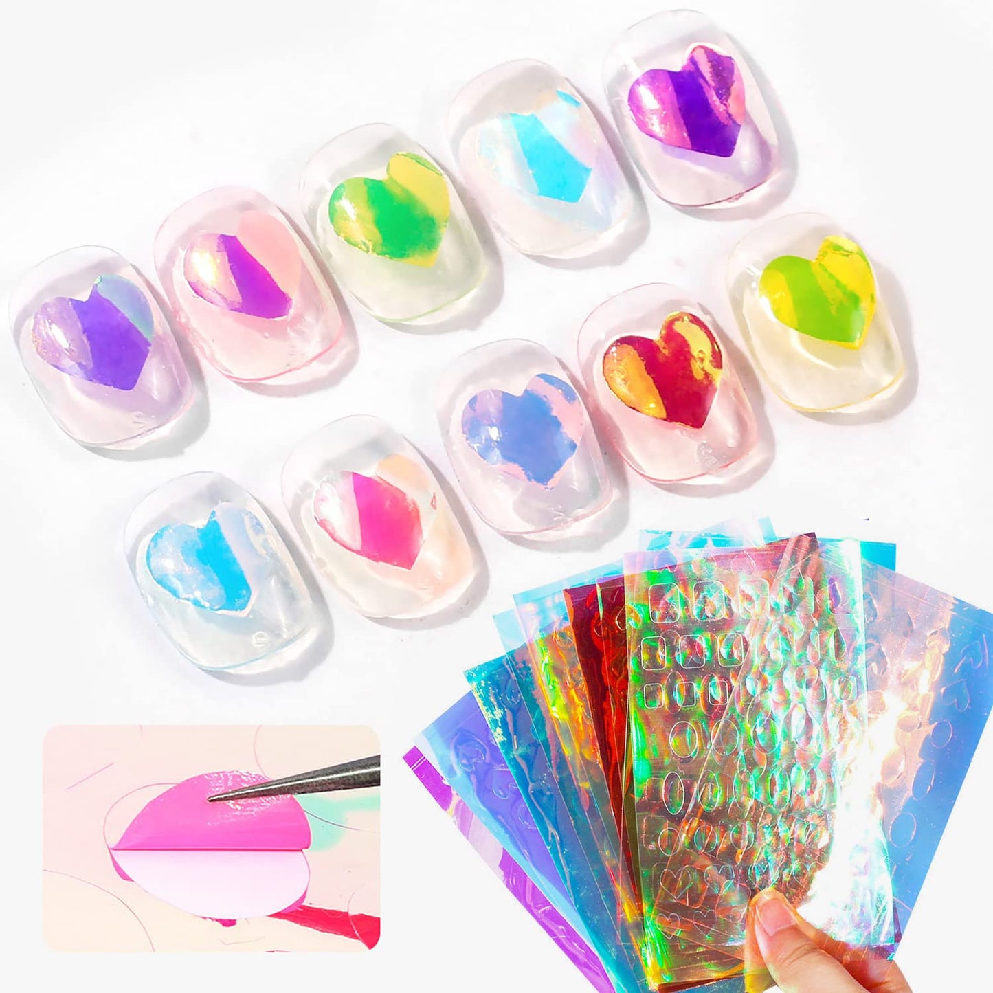 WOKOTO 11 Sheets Aurora Nail Foil Sheets for Women Nail Art, Broken Glass Paper Heart, Oval,and Block Shapes Holographic Nail Film ice-Like Stickers Laser Nail Decals DIY Nail Art Decoration