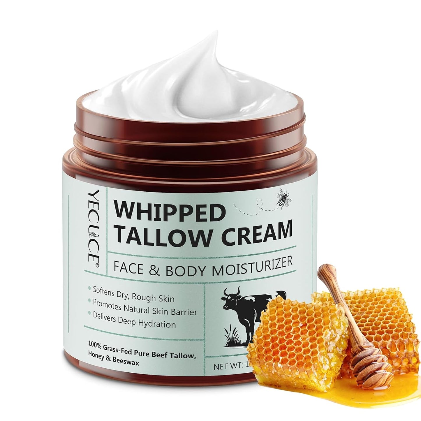 ReliCo Beef Tallow for Skin Moisturizer - Organic Whipped Grass Fed Beef Tallow with Honey Cream for Body, Unscented, 1pcs