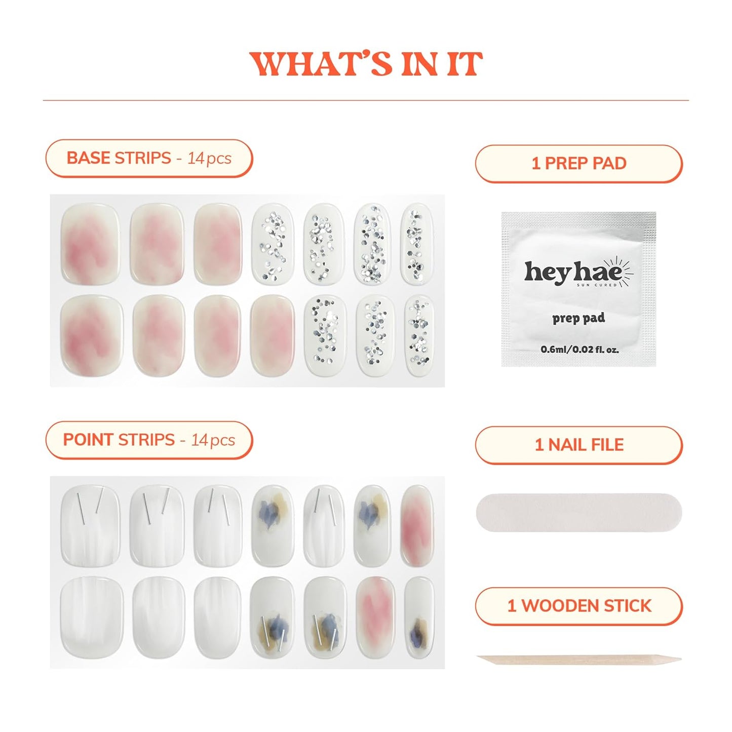 Semi Cured Gel Nail Strips | No LED Lamp Needed | Glam, Pink, Spring | Easy Apply & Remove, Salon Quality | Includes 28 Strips, 1 Prep Pads, Nail File & Wooden Stick - Hey, The Night is Young