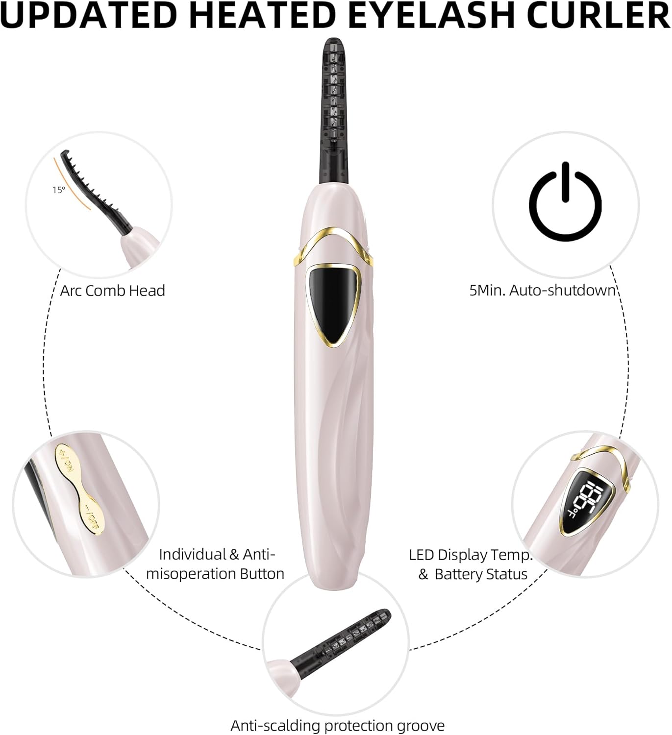 ZAPAL Heated Eyelash Curler, S600 Rechargeable Heated lash Curler, Intelligent Power Off Electric Eyelash Curler Heated Quickly 24 Hs Lasting Natural Makeup for Woman (Petal Pink/Gold, S600-148MM)