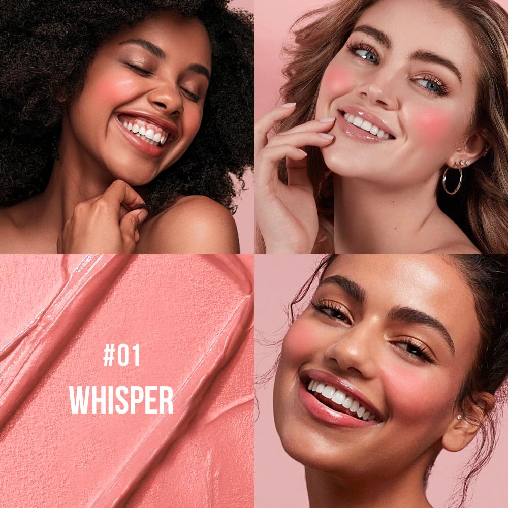 Multi-Use Makeup Cream Blush Stick, Unidollss 3-in-1 Buildable Powder Blush Stick for Cheeks, Eyes, and Lips, Hydrating formula, All day wear, Easy Application with Thumb Puff Included (01 WHISPER)