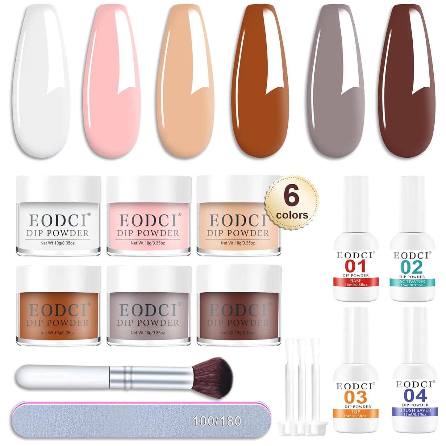 12 Pcs Dip Powder Nail Kit Starter Quick Drying, 6 Colors Nude Brown Grey Mocha Dipping Powder Kit With Base & Top Coat/Activator/Brush Saver No Needed Nail Lamp Curing