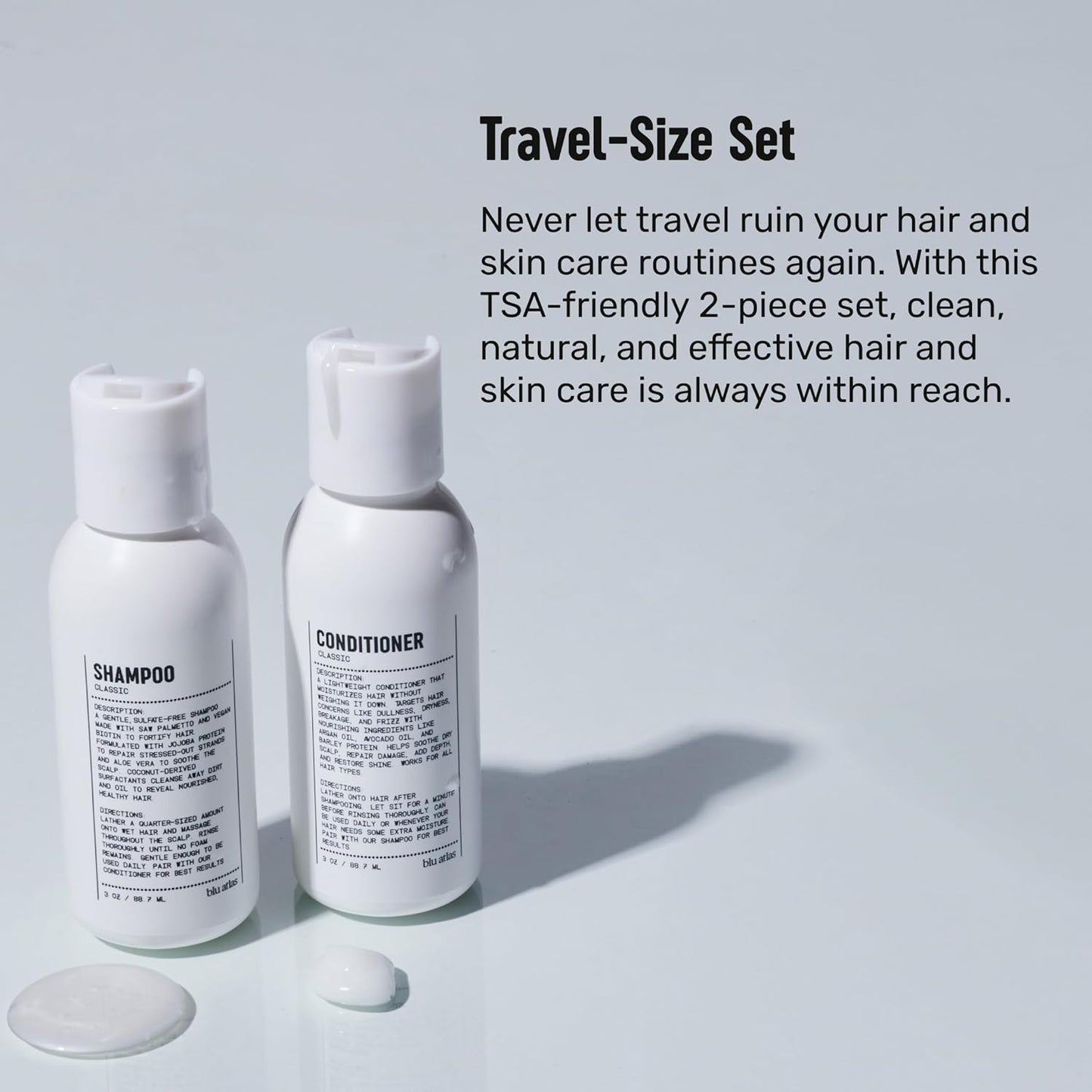 Blu Atlas Travel Size Shampoo & Conditioner Set for Men – TSA Approved, 3 oz Each – Natural, Sulfate-Free, Paraben-Free – Clean Ingredients – Classic Scent – Made in America