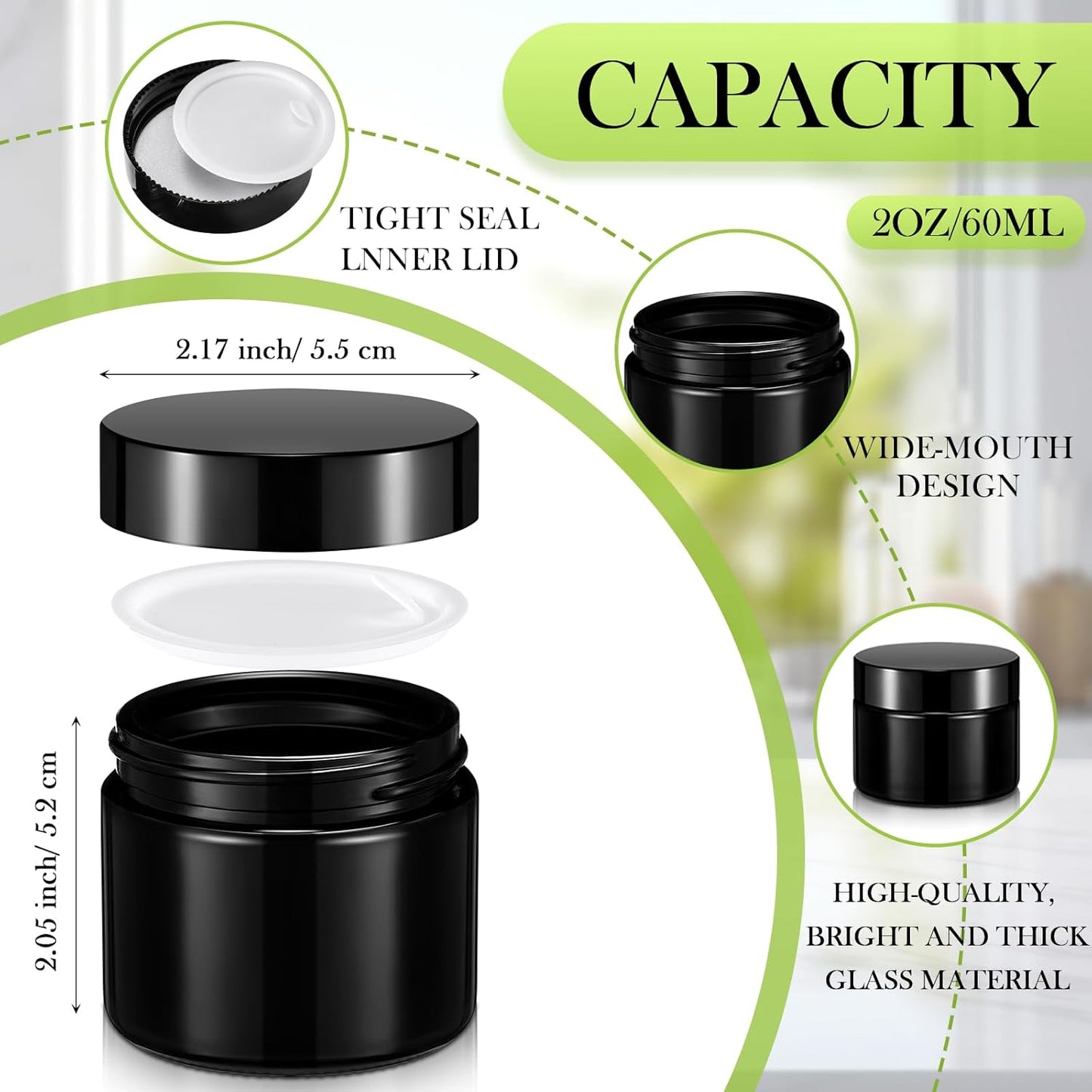 Domensi 32 Pcs 2 oz Glass Jars with Lids Travel Size Round Leakproof Empty Cosmetic Jars with Inner Liners Lid for Storing Makeup Lotions Face Cream Ointments Candle DIY Making (Black)