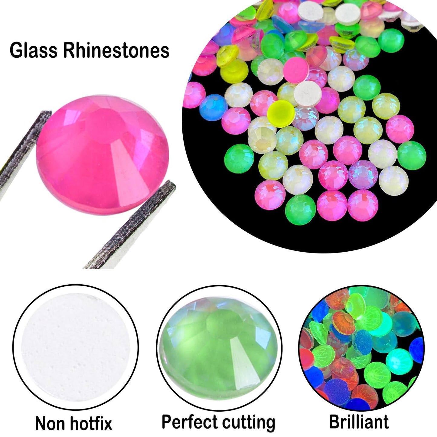 Flatback Glass Rhinestones,Bedazzler Gems 1440pcs Non Hotfix Crystal Rhinestones for Nail Charms Crafts Clothes Tumblers,Mixed AB Neon,SS20