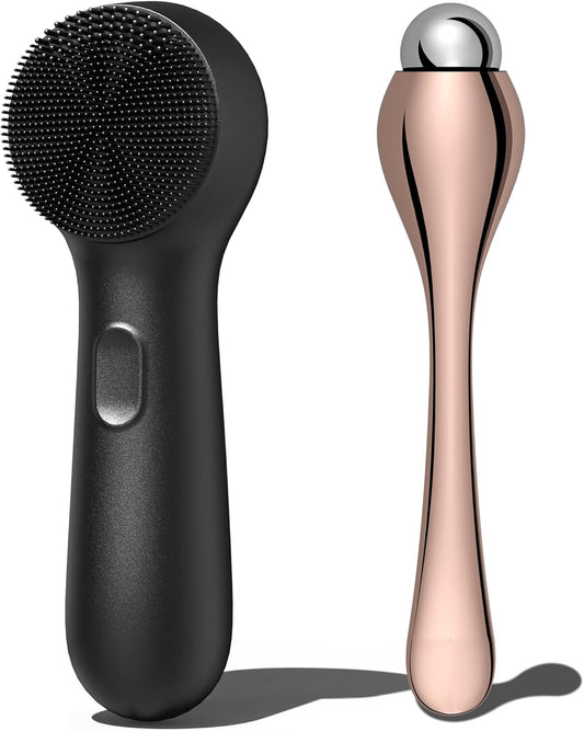 NågraCoola CLIE Silicone Face Scrubber, Facial Cleansing Brush, Rechargeable, Waterproof Face Scrub Brush for Deep Cleansing, Exfoliating, Massage, with Eye Roller, for Women and Men-Black