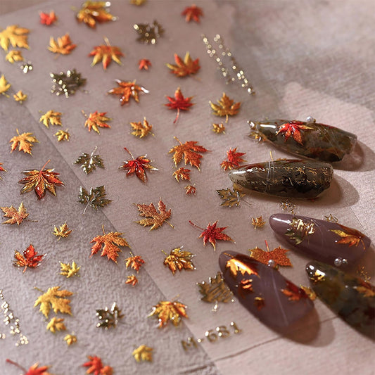 Fall Maple Leaves Nail Art Stickers for Thanksgiving, Gold Maple Leaves Nail Decals 5D Embossed Fall Nail Art Supplies for Women Girls Nail Decoration