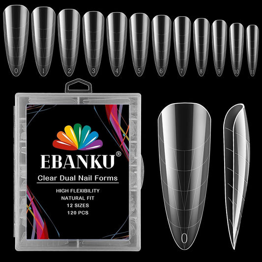 Nail Dual Forms for Poly Nail Gel EBANKU 120Pcs Stiletto Extension Gel Nail Molds Clear Acrylic Nail Tips, Full Cover Reusable Nail Forms for Builder Nail Gel Nail Art Design Salon&DIY