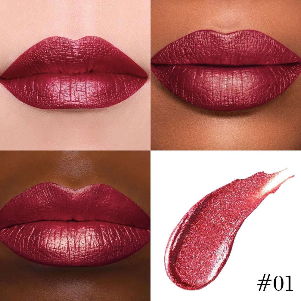 evpct Dark Red Metallic Glitter Lip Liner and Lipstick Combo Lip Gloss Stain Set Makeup for Women Long Lasting Waterproof 24, Wine Red Frosted Metallic Shimmer Glossy Chrome iridescent Liquid Lipstick