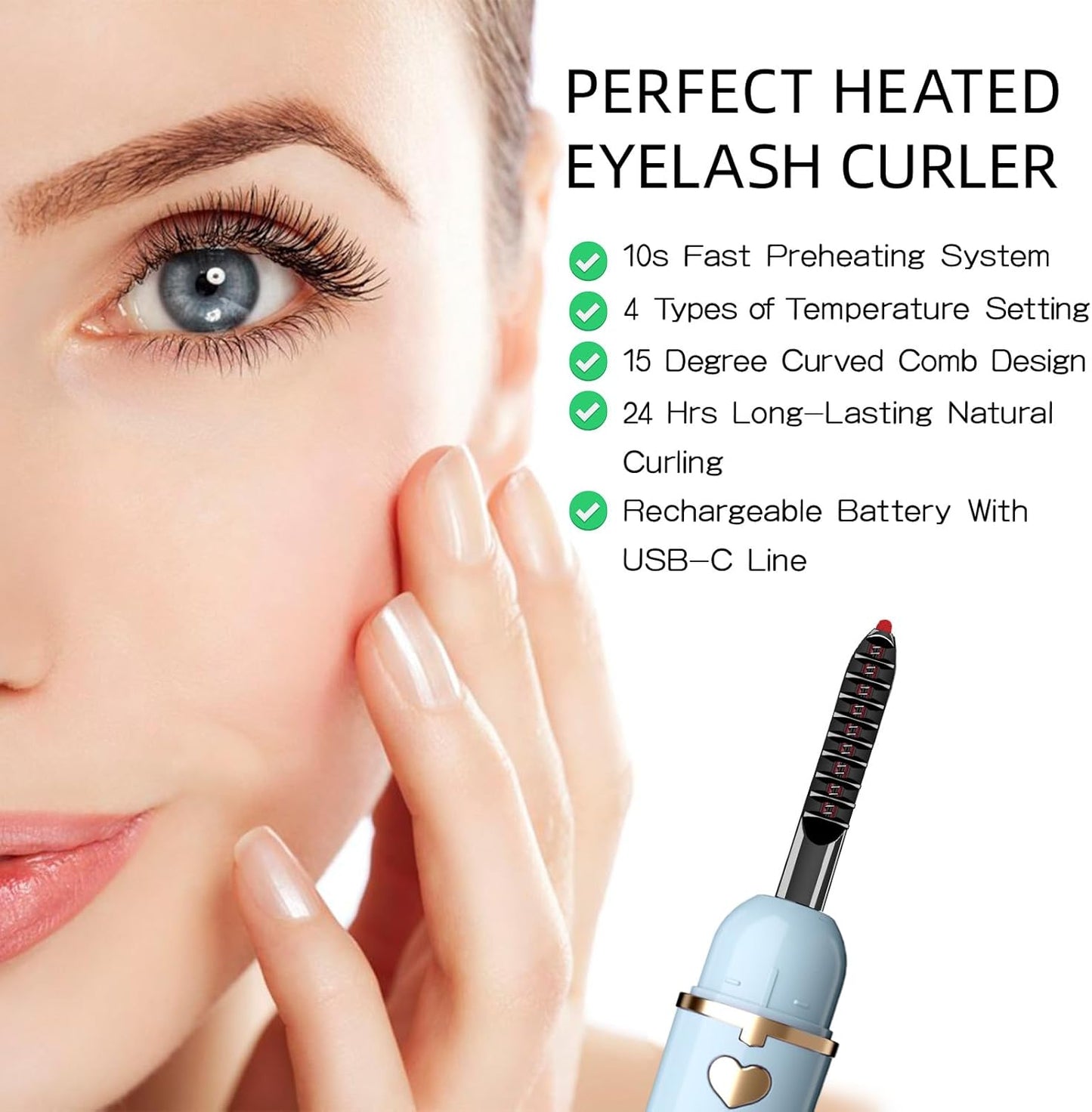 ZAPAL Heated Eyelash Curler, S600 Rechargeable Heated lash Curler, Intelligent Power Off Electric Eyelash Curler Heated Quickly 24 Hs Lasting Natural Makeup for Woman (Air Blue/Gold, X8-132mm)