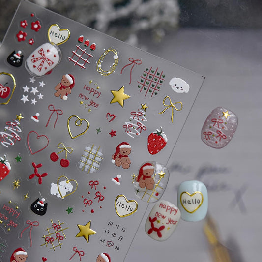 Bear Nail Stickers Christmas Nail Art Stickers Star Nail Decals with Red Gold Design 5d Embossed Self Adhesive Xmas Nails Charms for Women Girls Kid Manicure DIY Decoration