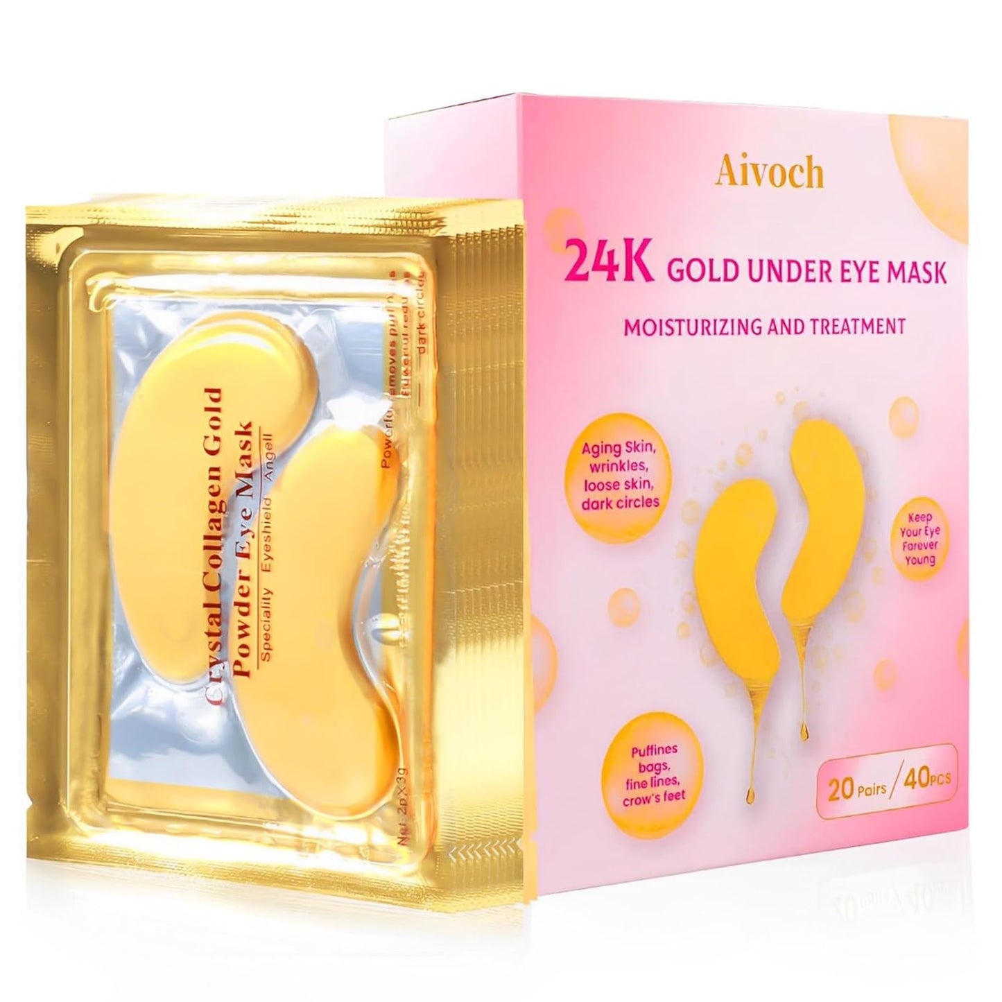 20Pairs/40Pcs 24K Gold Eye Patches, Collagen Eye Masks for Dark Circles and Eye Bags, Smooth Wrinkles & Puffy Eyes, Moisturizing Skin, Skincare Eye Treatment, Beauty & Personal Care