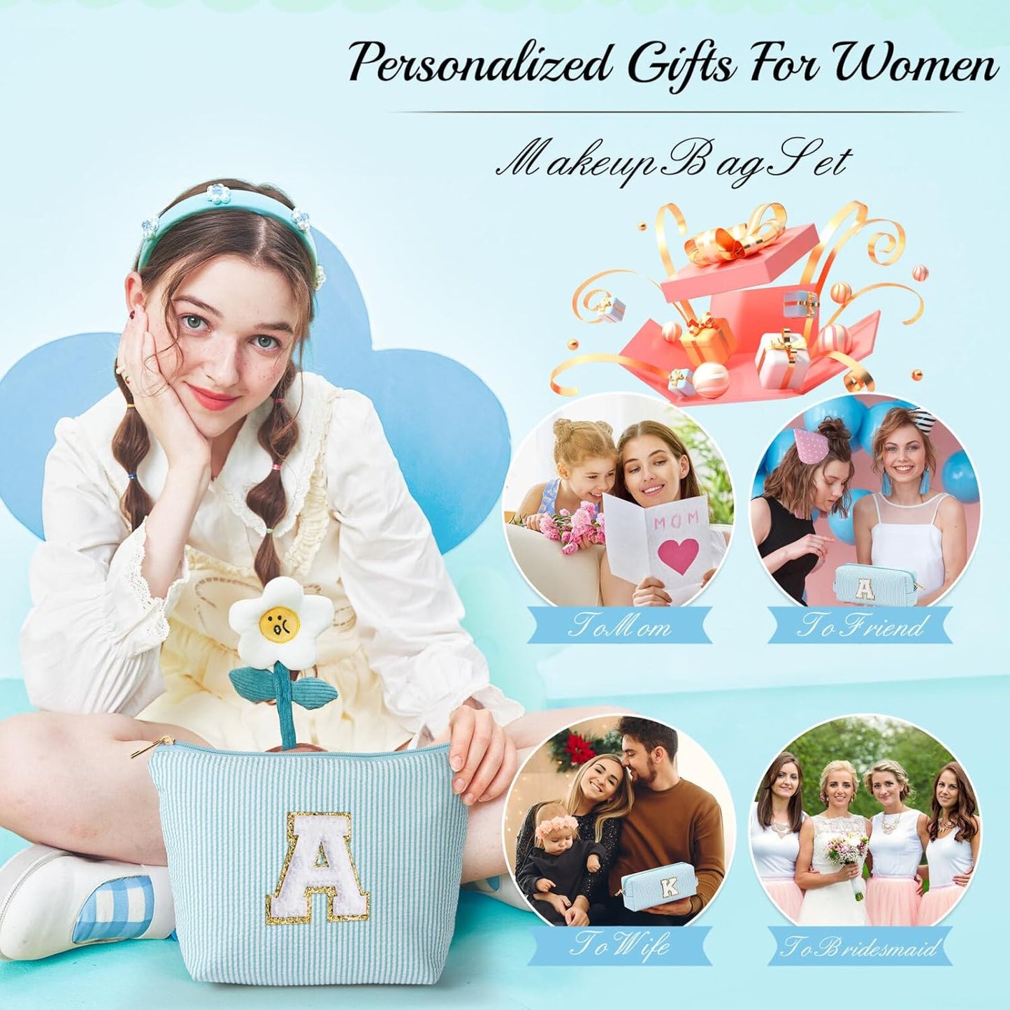 YOOLIFE Initial Makeup Bag for Women - Teen Girl Gifts Trendy Stuff Monogram Cute Makeup Bags Make Up Case for Women Her Best Friend Friendship Sister Teacher, Personalized Birthday Gifts I
