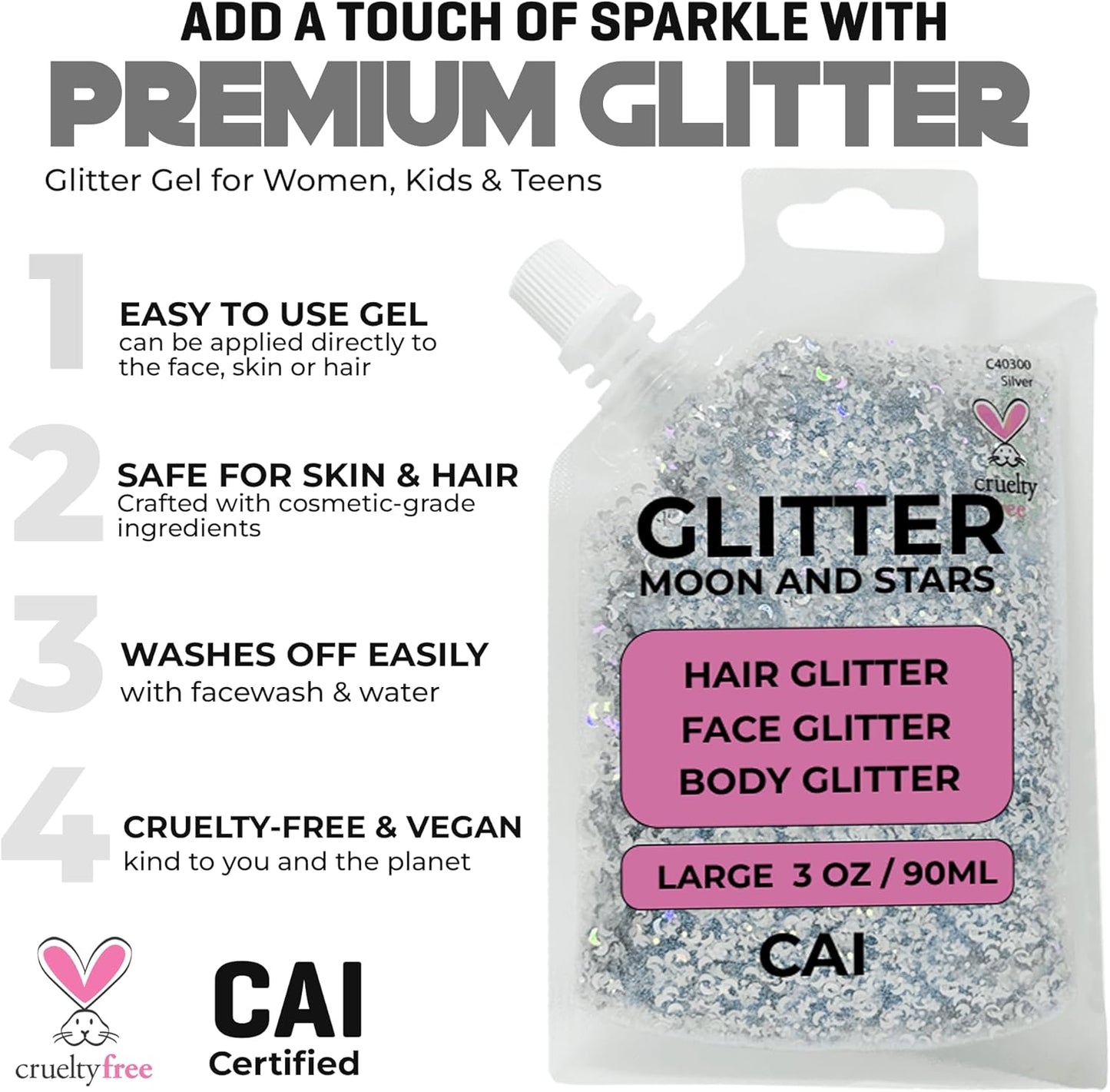 Face, Body & Hair Glitter Gel – Halloween Glitter for Kids and Women – 3 Oz Cosmetic-Grade Gel w/Moon & Stars for Festivals & Halloween Party, Easy Apply & Wash Off - Unicorn 5Pack