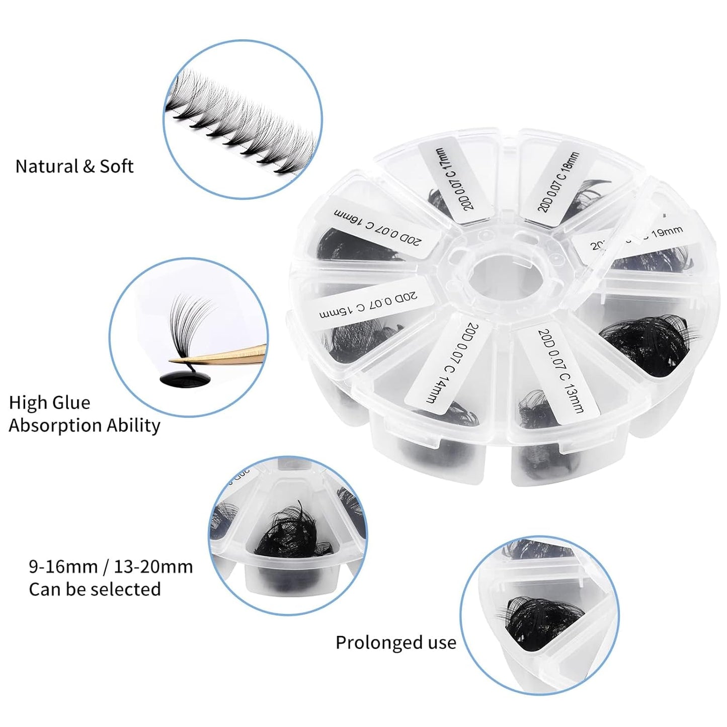 Premade Fans for Lash Extension: 20P, Wendy, Handmade Fans, Pre-made, For Lash-Artists, D, 9-16mm