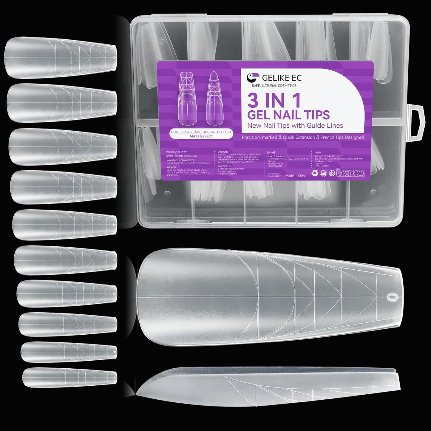 Guiding Line Nail Tips for Salon: Gelike EC Full Matte Coffin Gel Nail tips with Auxiliary Positioning Line - Nail Extension Tips for Professional -100 Pcs 10 Sizes