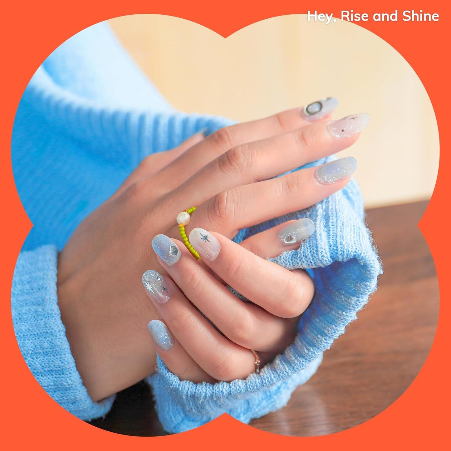 Semi Cured Gel Nail Strips | No LED Lamp Needed | Glitter, Blue, White | Easy Apply & Remove, Salon Quality | Includes 28 Strips, 1 Prep Pads, Nail File & Wooden Stick - Hey, Rise and Shine