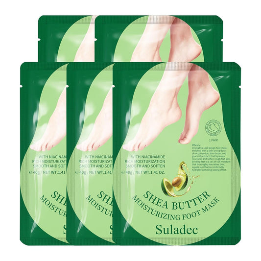 Moisturizing Foot Mask with Shea Butter and Goat Milk, Hydrating Foot Masks for Dry Cracked Feet, Dry Skin Moisturizer for Soft and Smooth Touch Feet - Men Women - 5 Pairs