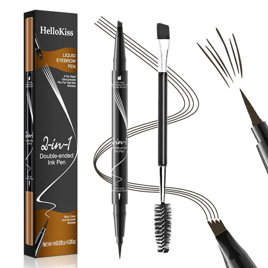 Eyebrow Pen, 2-in-1 Dual-Ended Microblading Eyebrow Pencil, Magical Faux Brow Pen with 4-Fork-Tip & Precise Brush-Tip Create Natural Hair-Like Brow, Waterproof, Stay on All Day, Dark Brown,1Pcs