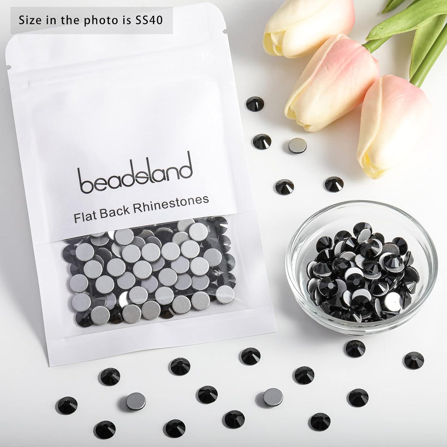 Beadsland 144 Pieces Flat Back Crystal Rhinestones Round Gems for Nail Art and Craft Glue Fix,Black,SS40,8.4-8.7mm