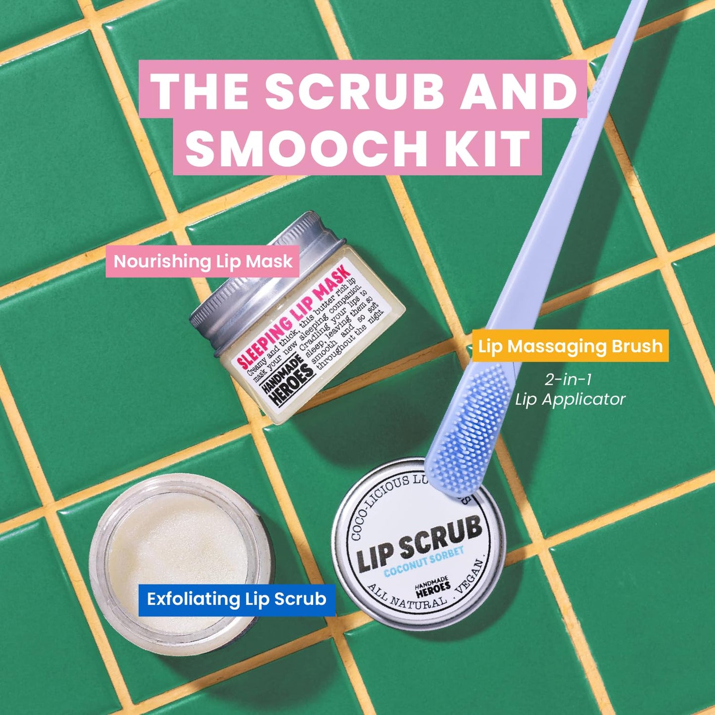 100% Natural Lip Scrub and Lip Mask, Vegan Conditioning Coconut Lip Exfoliator - Gentle Exfoliant, Sugar Lip Polish and Lip Exfoliator Scrubber for Chapped and Dry Lips (Original 3pc Set)