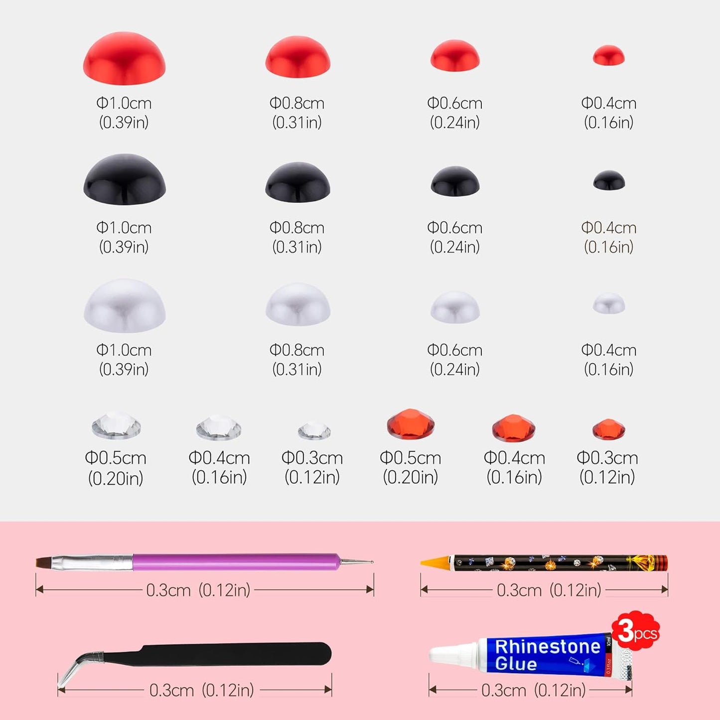 60g Red Black Pearls Rhinestones for Crafts Mixed Size 3mm-10mm AB Color Round Half Pearls Flatback Pearl Beads and Resin Rhinestones Set for Face Art with Gle