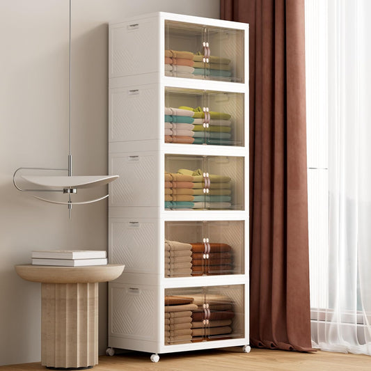 JOYMOOP Folding Storage Bins, 420 Quart Collapsible Storage Boxes with Wheels and Door, Stackble Plastic Storage Container for Clothing, Books and Sundries (XXL, 21 Gal Per, 5 Tiers)