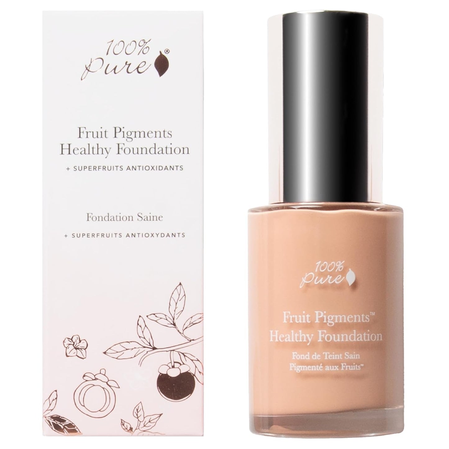 100% PURE Healthy Foundation Full Face Coverage Makeup, Liquid Matte Finish with Anti-Aging Benefits - Vegan Gorgeous Fruit Pigmented Sand Color (Light Medium with Neutral Undertone) - 1 Fl Oz