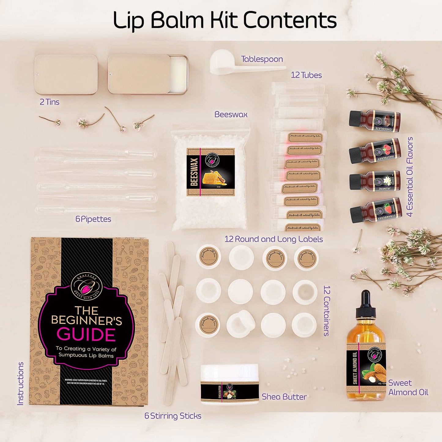 CraftZee Organic Lip Balm Making Kit. DIY Lip Gloss Pack, Natural Beeswax, Shea Butter, Sweet Almond Oil, Essential Oils, Tools, Instruction Manual. Sleepover Party Supplies for Girls, Adult Craft Kit