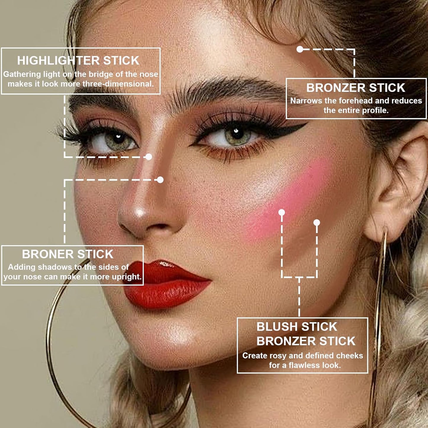 Lezero 3Pcs Contour Stick Makeup Kit, Shades with Highlighter, Blush and Bronzer Stick for Sculpt the Face and All Skin Type, Long Lasting, Smooth, Dewy & Matte Finish, MEDIUM TAN
