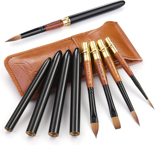 Fuumuui 4pcs Elegant Kolinsky Sable Watercolor Brushes - Travel Kit with Leather Pouch Perfect for Gouache Ink Painting