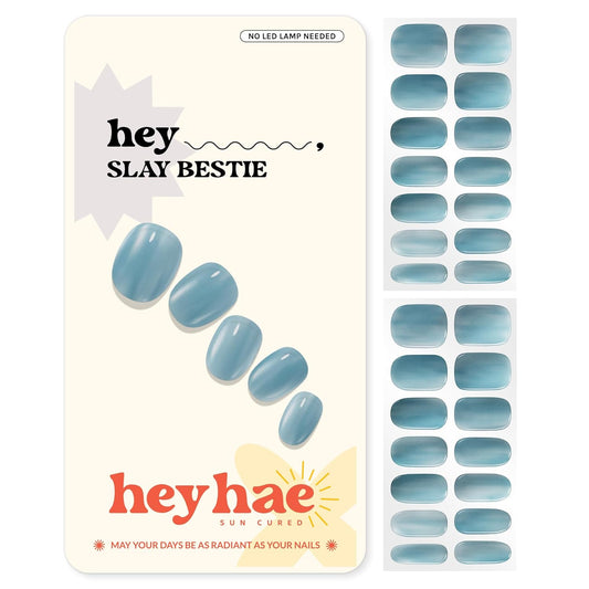 Semi Cured Gel Nail Strips | No LED Lamp Needed | Solid, Blue | Easy Apply & Remove, Salon Quality | Includes 28 Strips, 1 Prep Pads, Nail File & Wooden stick - Hey, Slay Bestie