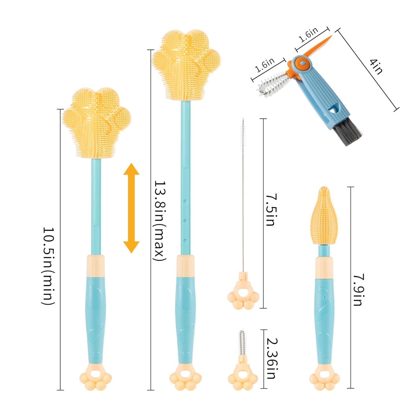 Adjustable Handle Length 10.5-13.8in Water Cup Cleaner Bottle Brush, Silicone Baby Bottle Brush, Pot Brush Cleaner, Green