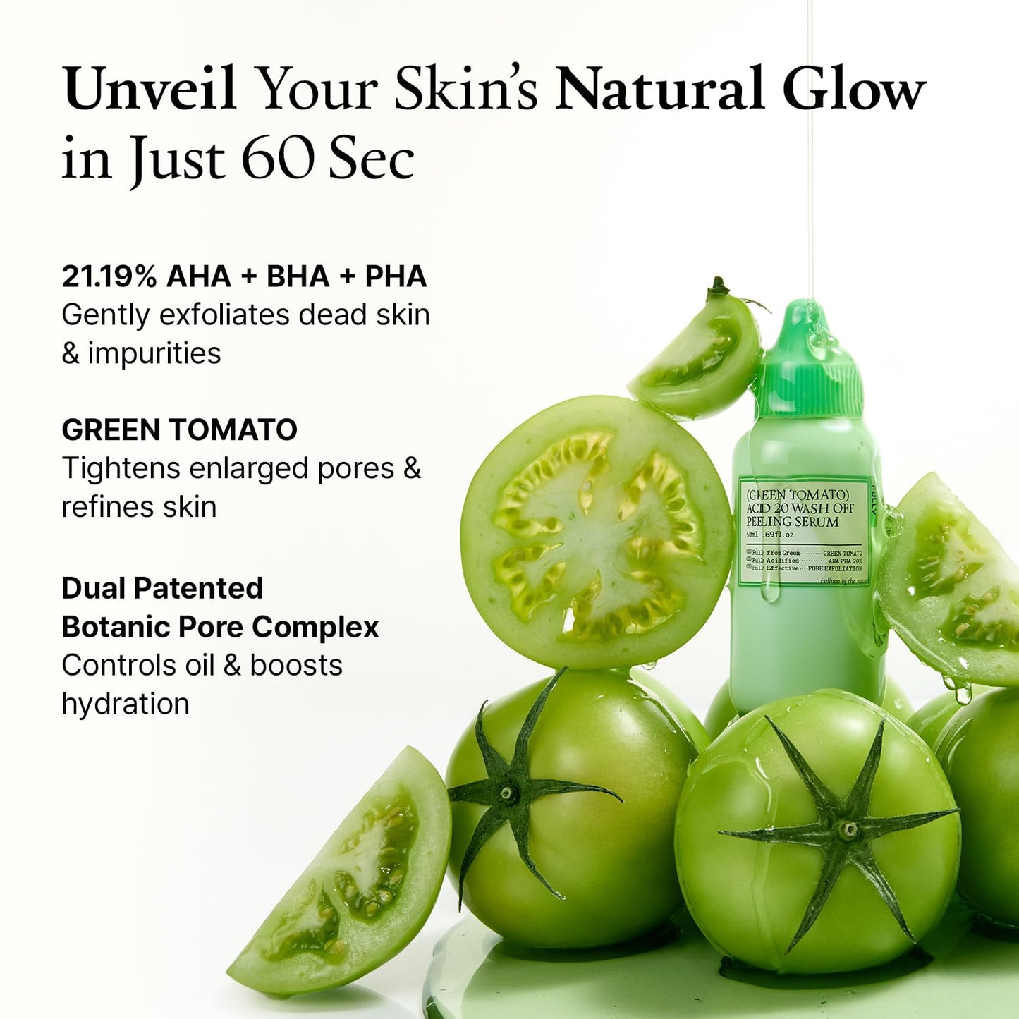 FULLY Green Tomato Acid 20 Exfoliating Wash Off Serum, 21% AHA+BHA+PHA for Dead Skin, Magic Green Potion, Body Exfoliator, for Strawberry Skin, Smooth Texture, Korean Vegan Skincare, 1.69 fl.oz