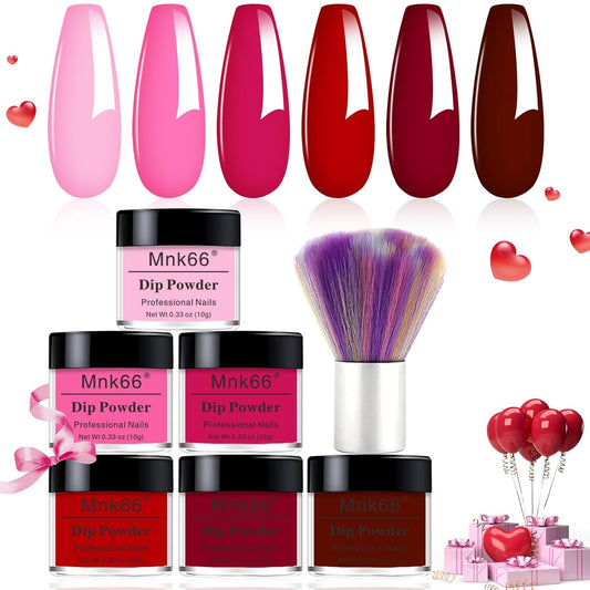 6 Colors Dip Powder Set, Hot Pink Red Dipping Powder Color Set, Glossy Nail Art Manicure DIY Salon Home Gift for Ladies (YYSDDPS-No.15-6pcs)