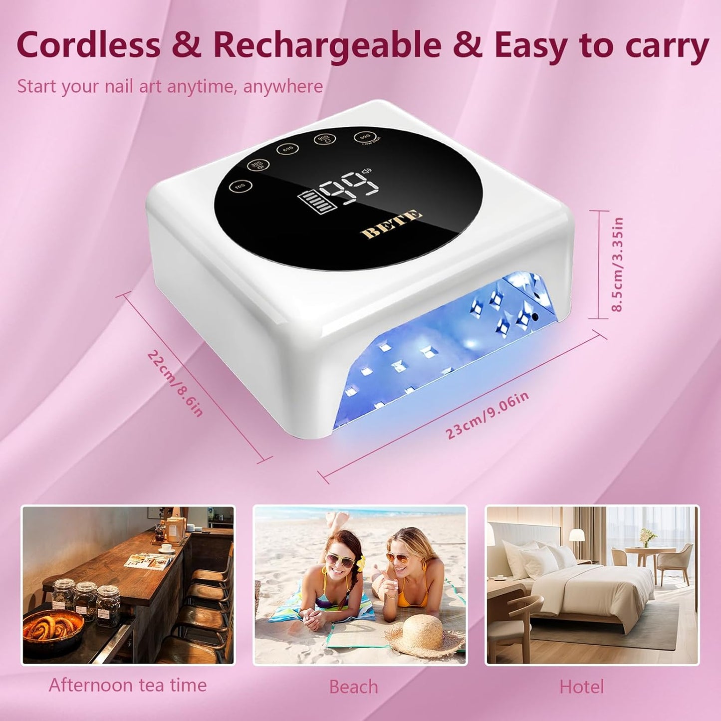 BETE Cordless LED Nail Lamp, 78W Rechargeable UV Nail Light, Intelligent Infrared Sensor and LCD Display Curing Nail Lamp, Portable Nail Dryer Gel Polish Light with 5 Timer Setting White