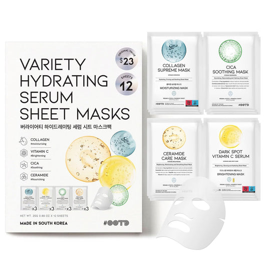 #OOTD Face Mask Korean Skincare for Dry Sensitive Skin | Hydrating, Revitalizing, Calming, Collagen, Ceramide, Cica, Vitamin C Serum Sheet Masks (12EA)
